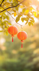 Poster - Red lanterns hanging from branch, surrounded by green leaves, create warm, festive atmosphere