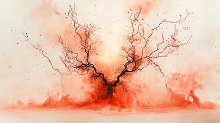 Poster - Abstract artwork featuring vibrant red splashes and intricate black branches in dynamic composition