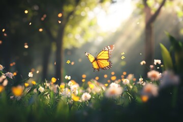 Wall Mural - Butterfly flying over blooming wildflowers in a sunlit forest.