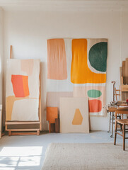 Poster - Colorful textile art in bright studio with abstract designs and textures