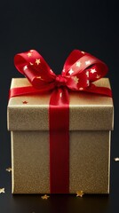 Golden gift box with red bow on a dark surface for special occasions