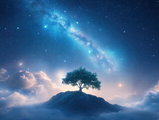 Poster - serene tree stands on hill under starry sky, surrounded by clouds and galaxies