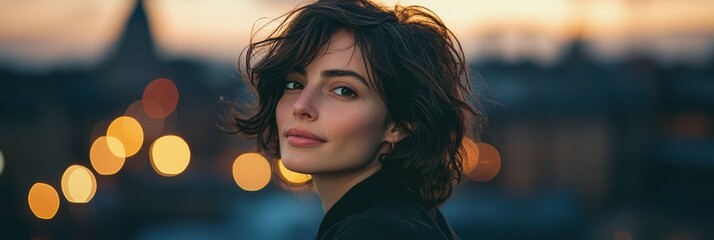 Wall Mural - Young woman enjoys evening light with urban backdrop during sunset in a picturesque city setting