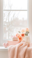 Poster - cozy window scene featuring pink roses, gifts, and soft blanket