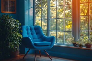 Wall Mural - Cozy chair by the window with sunlight streaming through green foliage in a serene indoor space