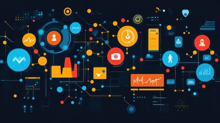 Poster - Digital network connection with data analysis icons.