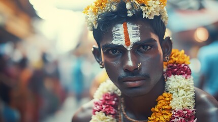 Young hindu devotee wearing traditional flower garland and tilaka