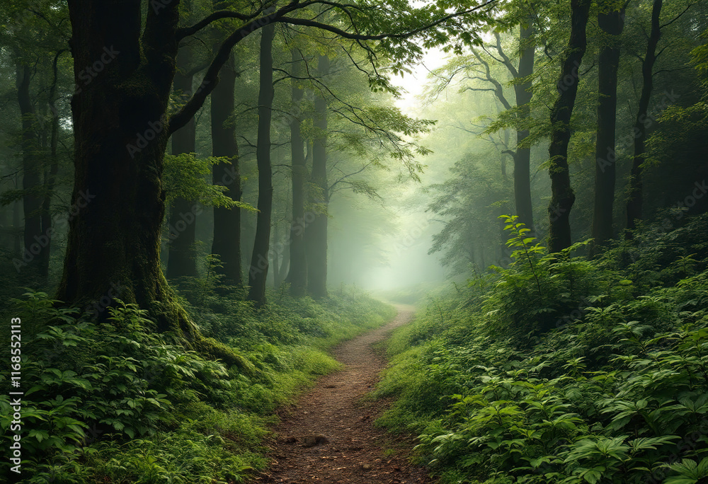 A misty forest path winding through a dense, lush green forest with ...