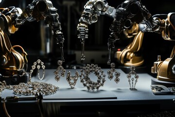 Poster - Robotic arms assembling intricate jewelry in a modern workshop environment
