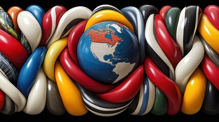 Aufkleber - Earth entangled in colorful intertwined cables.