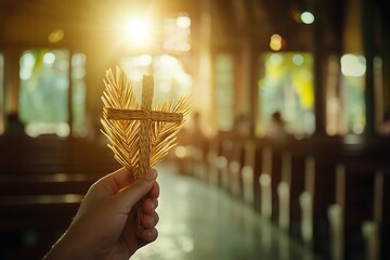 Wall Mural - Hand holding wooden cross with palm leaf in church during palm sunday