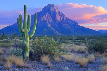 Canvas Print - Majestic saguaro cactus dominates desert landscape at sunset, with a mountain backdrop.