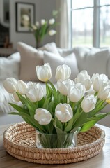 Wall Mural - Elegant white tulips arranged in a glass vase on a decorative tray in a cozy living room setting