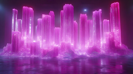 Poster - Glowing pink crystal city landscape with reflection.