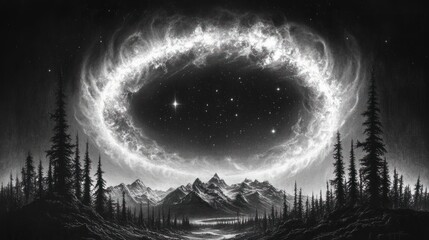 Wall Mural - Ethereal portal above snowy mountains and pine forest under starry night.