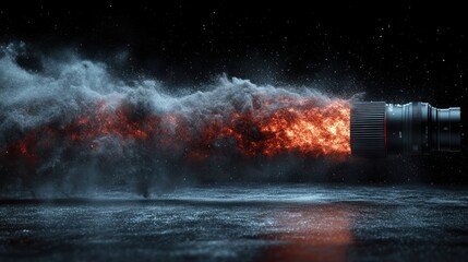 Fototapete - Fiery smoke trail from a camera lens against a dark background.