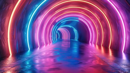 Aufkleber - 3d render abstract neon background with colorful glowing round lines tunnel effect.