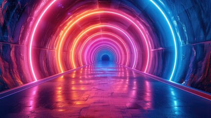 Aufkleber - 3d render abstract neon background with colorful glowing round lines tunnel effect.