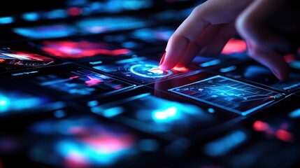 Aufkleber - Finger touching interactive holographic screen with data.