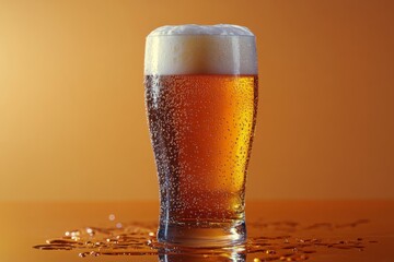 Wall Mural - Chilled amber beer in a glass with bubbles against a warm orange background