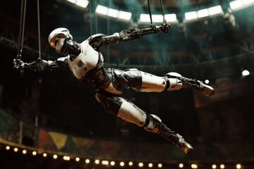 Poster - Robot performing acrobatics in an arena under dramatic lighting during a futuristic show