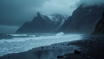 impressive seascape of the north, gloomy cold sea and rocks, haze, cold and gloomy surroundings, dra