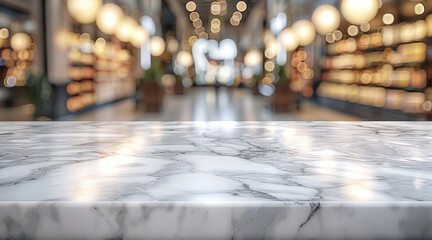 Poster - Marble table top with a blurred store background for product display presentation.
