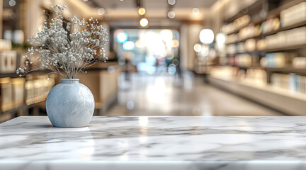 Poster - Marble table top with a blurred store background for product display presentation.