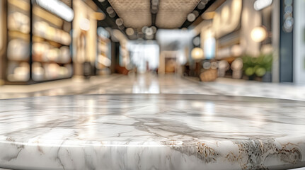 Poster - Marble table top with a blurred store background for product display presentation.