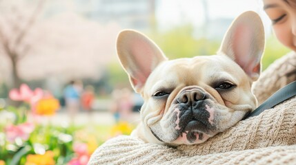 Companionship in bloom snuggling french bulldog in outdoor garden