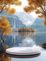 Poster - Circular glass podium, floating on the water, product display, surrounded by ginkgo leaves, with views of gold mountains.