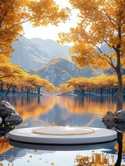 Poster - Circular glass podium, floating on the water, product display, surrounded by ginkgo leaves, with views of gold mountains.