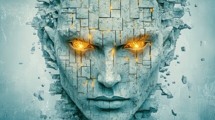 Poster - Abstract Human Face with Glowing Eyes and Fragmented Stone Texture in Surreal Art Style