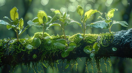 Poster - A twisting tree branch in a lush, magical forest. The branch is covered in vibrant green moss, with delicate, glossy leaves sprouting from it.