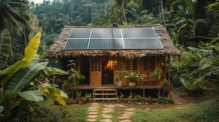 Aufkleber - A rustic small hut in the tropical forest with solar panels.