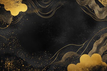 Poster - Abstract black and gold background with flowing lines and cloud-like shapes for artistic presentation