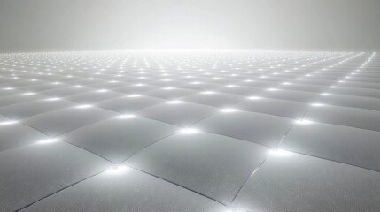 Poster - Futuristic white tiled floor with glowing lights in a foggy environment.