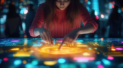 Poster - Girl interacts with interactive touchscreen table, futuristic technology.