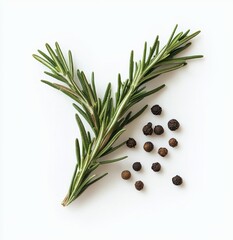 Wall Mural - Fresh rosemary sprig and black peppercorns on white.