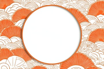 Decorative circular frame surrounded by vibrant orange fan pattern on a textured background