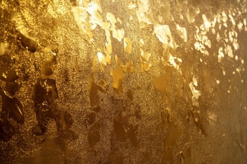 Poster - Textured surface of condensation reflecting warm golden light in a cozy indoor setting
