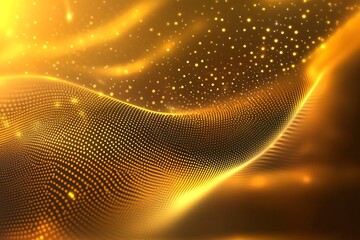 Poster - Golden waves of light shimmer through a textured surface created by luminous particles at twilight