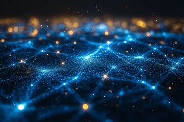 Poster - Digital network landscape with glowing nodes and interconnected lines in a dark environment