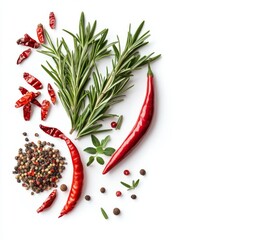 Wall Mural - Red chili peppers, rosemary, peppercorns, and herbs arranged artistically on white background.