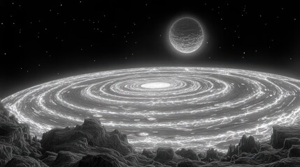 Wall Mural - Glowing vortex energy field over rocky planet surface with moon and stars.