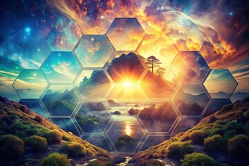 Wall Mural - Ethereal Hexagon Landscape: Surreal Double Exposure Abstract Background