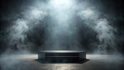 Wall Mural - black podium stands in a dramatic, empty room, with a foggy, smoky background, creating a striking a