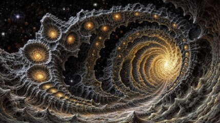 Wall Mural - Golden fractal spiral with intricate details, resembling a cosmic tunnel or wormhole against a starry backdrop.