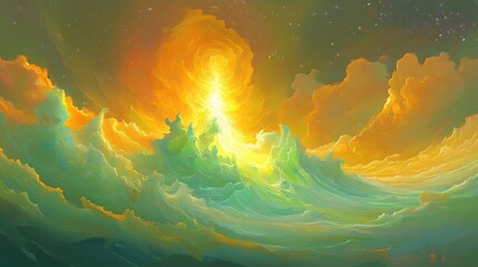 Wall Mural - Golden light beam through swirling clouds, fantasy cloudscape.