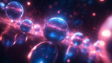 Wall Mural - a rhythmic arrangement of glowing spheres with bright highlights reflected in a deep blue space.